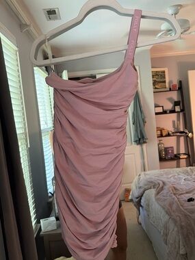 Oh Polly One-Shoulder Ruched Mini Dress in Dusty Pink